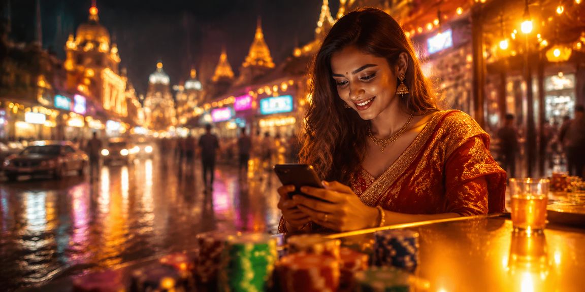 Indian players enjoying mobile casino games at vibrant night market